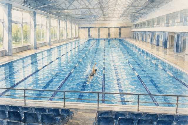 bleacher-view-indoor-lap-pool-single-swimmer-watercolor