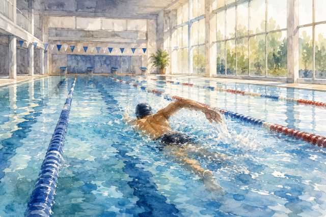close-rear-freestyle-swimmer-sunlit-indoor-pool-watercolor