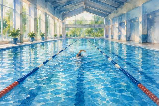 glass-wall-indoor-pool-freestyle-swimmer-center-lane-watercolor
