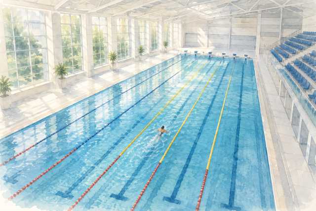 high-angle-indoor-competition-pool-solo-swimmer-watercolor