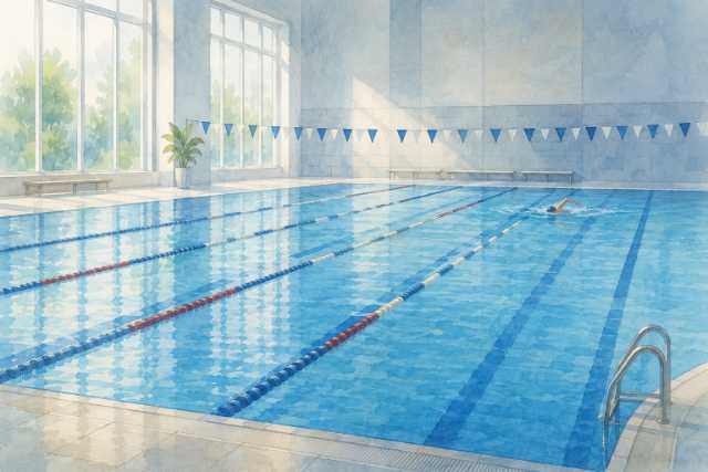 quiet-indoor-lap-pool-distant-freestyle-swimmer-watercolor
