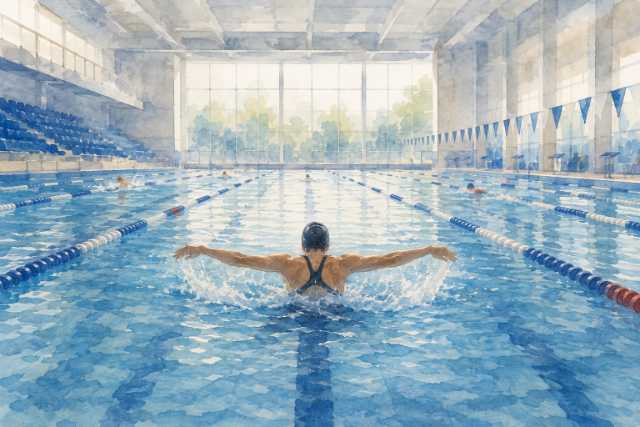 rear-view-butterfly-swimmer-group-practice-indoor-pool-watercolor